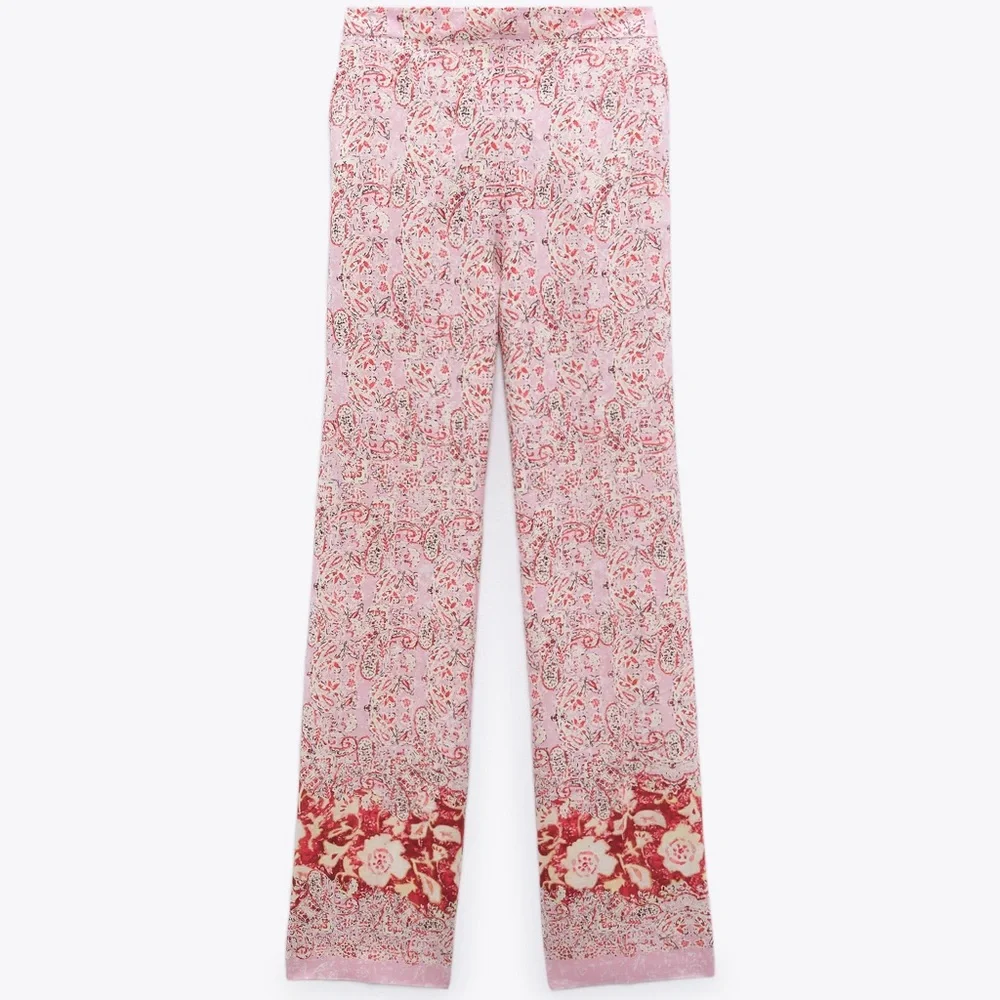 ZARA‎ WIDE-LEG PRINTED LINEN BLEND TROUSERS